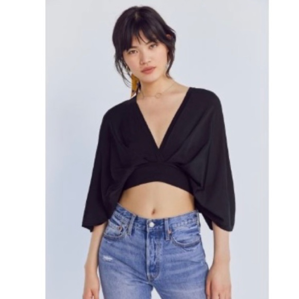 Kimchi Blue Black Flowy Surplice Shine Sweater Crop Blouse